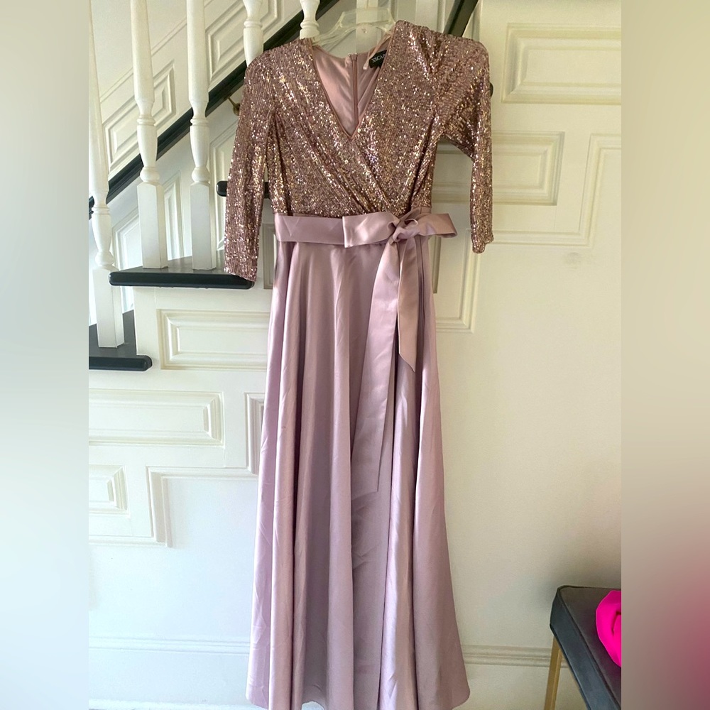 Formal dress with sequin top and tie waist
